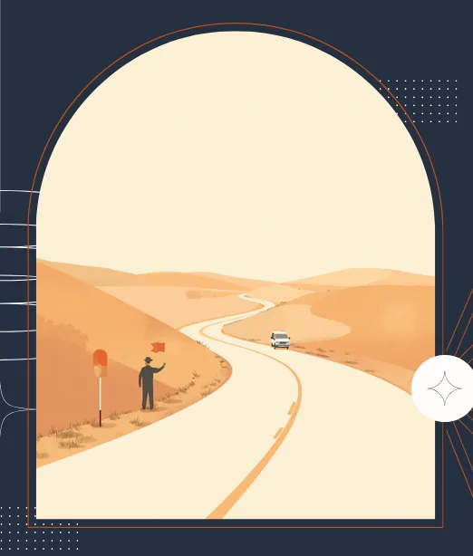Illustration: one person at the roadside holding up a small flag as a transit van approaches on a two-lane road through rolling hills
